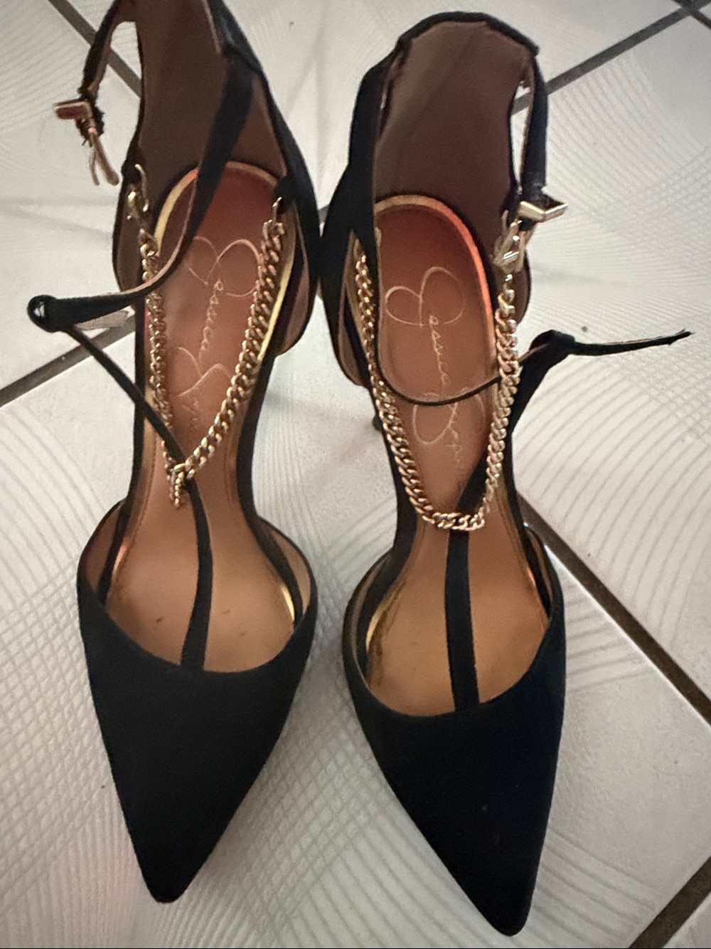 Jessica Simpson Black Pointed Toe Heels with Gold Chain Accent